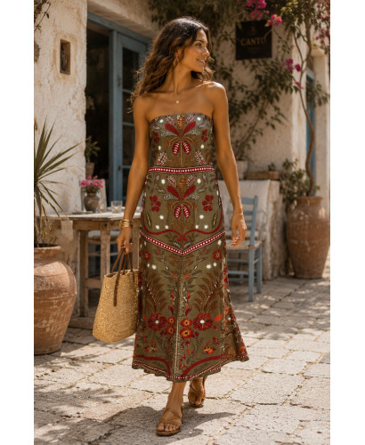 Vestido Palabra de Honor verde con estampado granate