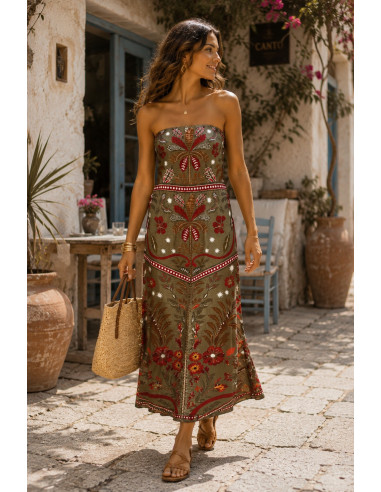 Vestido Palabra de Honor verde con estampado...