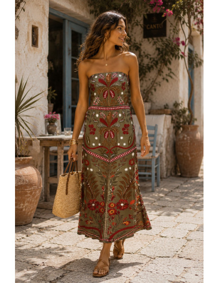 Vestido Palabra de Honor verde con estampado granate