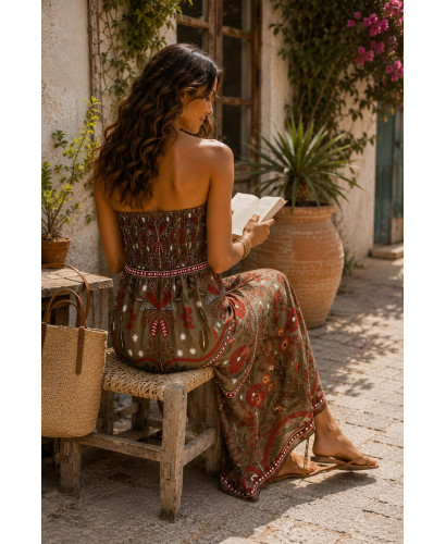 Vestido Palabra de Honor verde con estampado granate 2