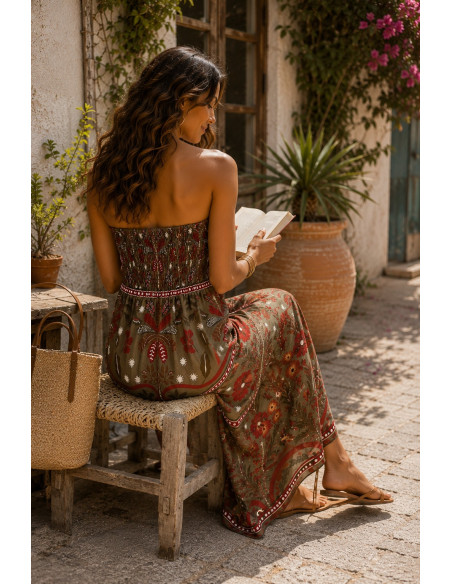 Vestido Palabra de Honor verde con estampado granate