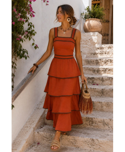 Vestido largo de volantes teja con detalles chocolate