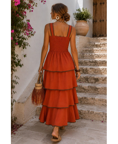 Vestido largo de volantes teja con detalles chocolate 2