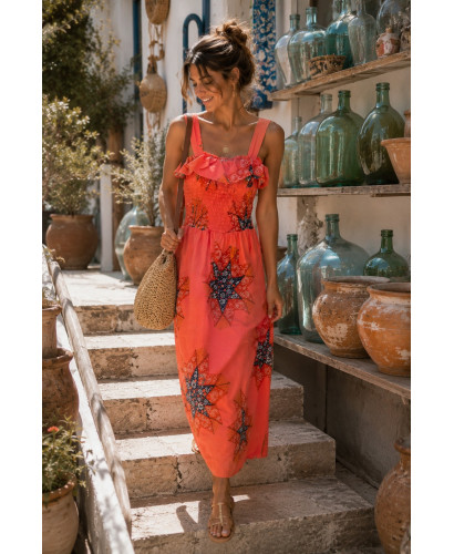Vestido Coral  y Estampado de Estrellas