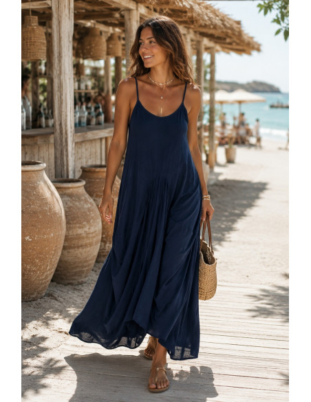Vestido Largo Azul Marino de Tirantes con Fruncidos
