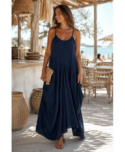 Vestido Largo Azul Marino de Tirantes con Fruncidos
