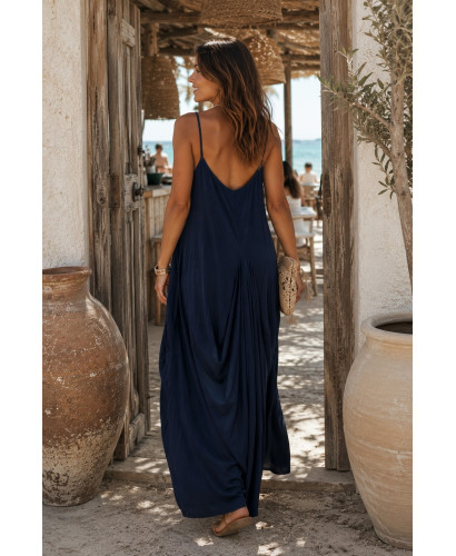 Vestido Largo Azul Marino de Tirantes con Fruncidos 2