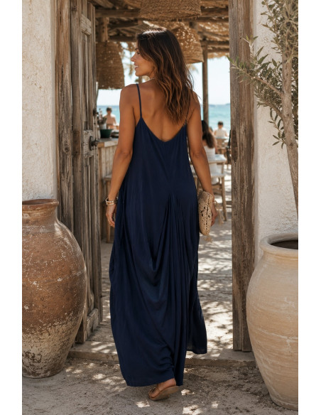 Vestido Largo Azul Marino de Tirantes con Fruncidos