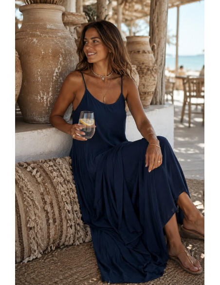 Vestido Largo Azul Marino de Tirantes con Fruncidos