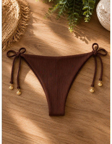 Braga de bikini brasileña chocolate con textura y lazos laterales
