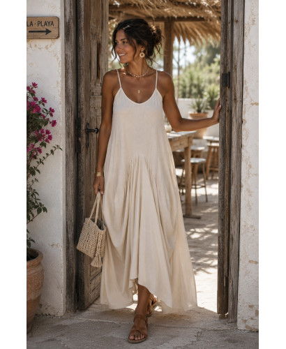 Vestido Largo crudo de Tirantes con Fruncidos