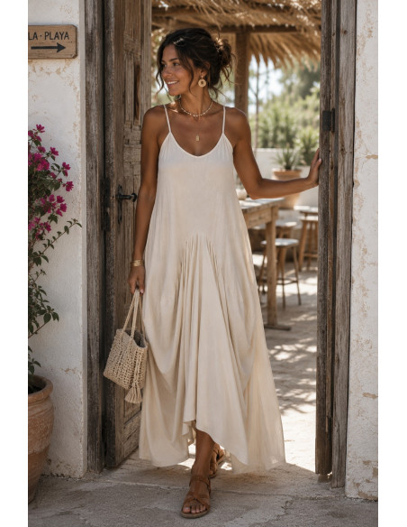 Vestido Largo crudo de Tirantes con Fruncidos