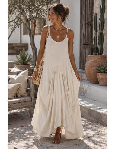 Vestido Largo crudo de Tirantes con Fruncidos