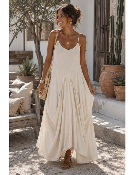Vestido Largo crudo de Tirantes con Fruncidos