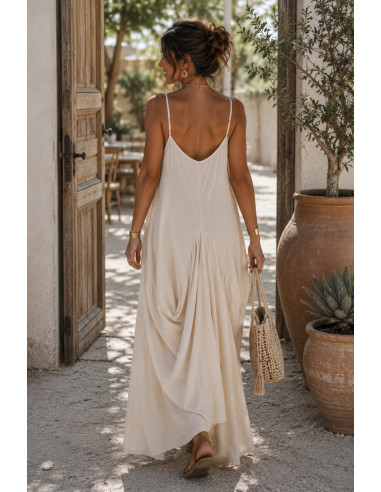 Vestido Largo crudo de Tirantes con Fruncidos