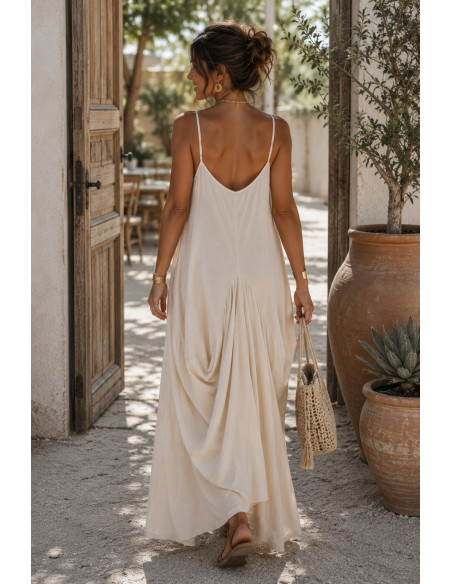 Vestido Largo crudo de Tirantes con Fruncidos