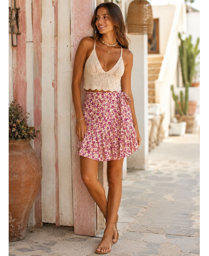 Falda Corta Cruzada de Viscosa con Estampado Floral...
