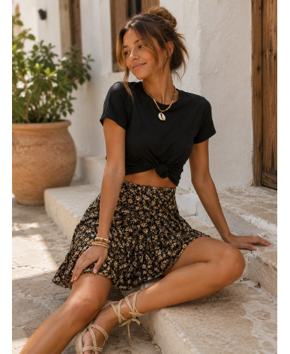 Falda Corta Cruzada negra  con Estampado Floral marrón 2