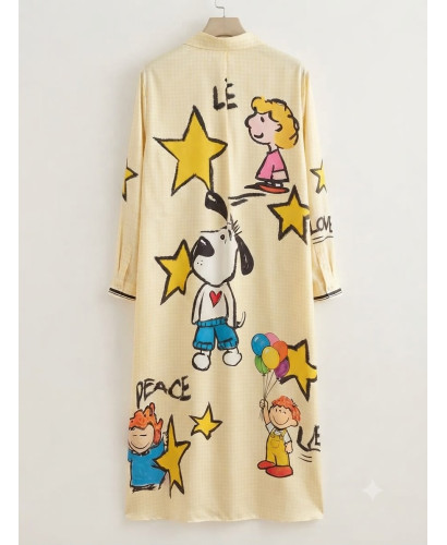 Vestido camisero estampado personajes vichy amarillo 2
