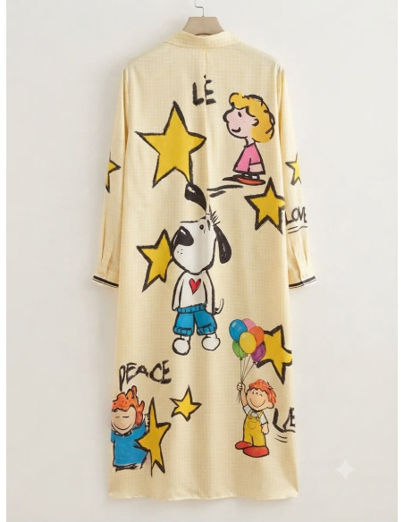 Vestido camisero estampado personajes vichy amarillo