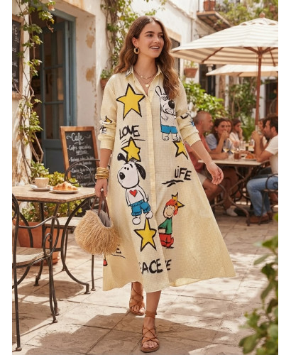 Vestido camisero estampado personajes vichy amarillo