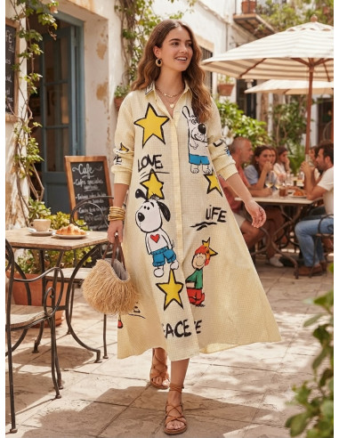 Vestido camisero estampado personajes vichy...