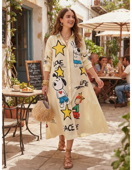 Vestido camisero estampado personajes vichy amarillo