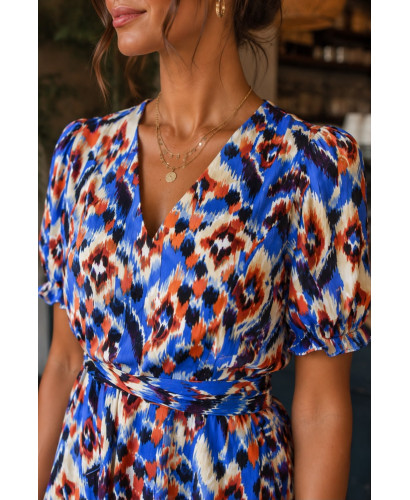 Vestido Corto azul Estampado con Escote de Pico 2