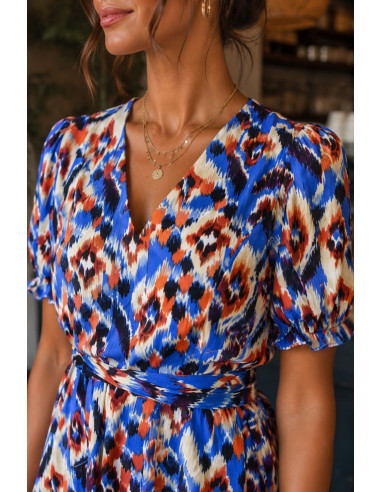 Vestido Corto azul Estampado con Escote de Pico