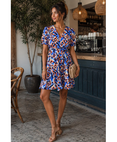 Vestido Corto azul Estampado con Escote de Pico