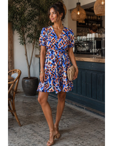 Vestido Corto azul Estampado con Escote de Pico