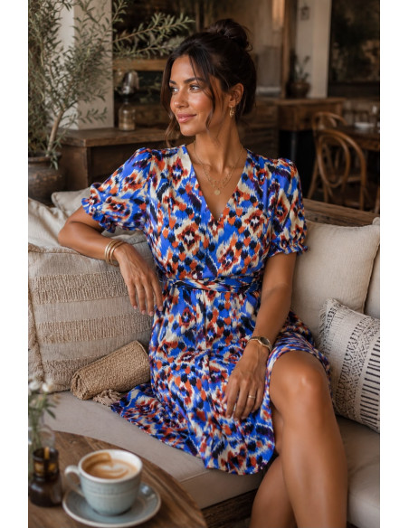 Vestido Corto azul Estampado con Escote de Pico