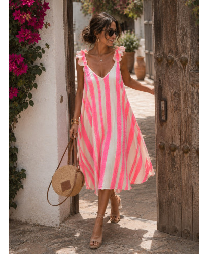 Vestido Asimétrico Bordado Rosa Flúor