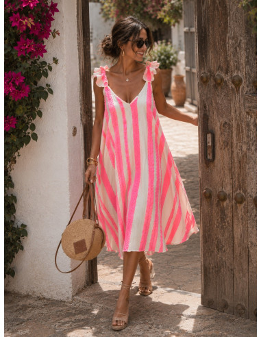 Vestido Asimétrico Bordado Rosa Flúor