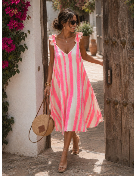 Vestido Asimétrico Bordado Rosa Flúor