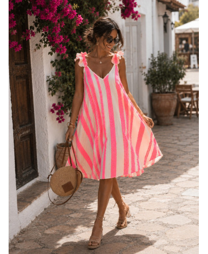 Vestido Asimétrico Bordado Rosa Flúor 2