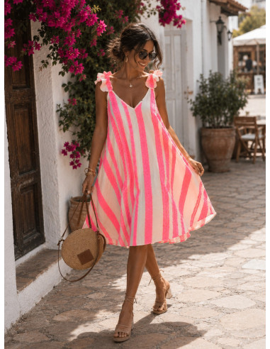 Vestido Asimétrico Bordado Rosa Flúor