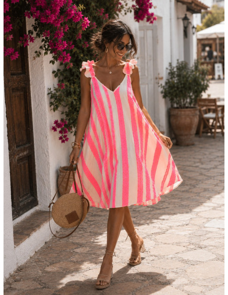 Vestido Asimétrico Bordado Rosa Flúor
