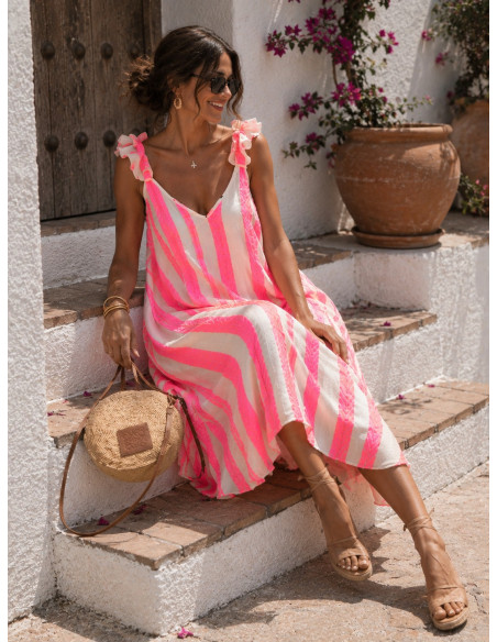 Vestido Asimétrico Bordado Rosa Flúor