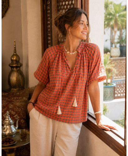 Blusa de Cuadros Vichy Naranja Flúor y Verde Kaki 2