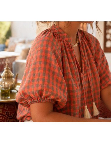 Blusa de Cuadros Vichy Naranja Flúor y Verde Kaki