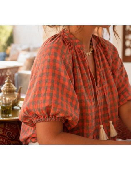 Blusa de Cuadros Vichy Naranja Flúor y Verde Kaki