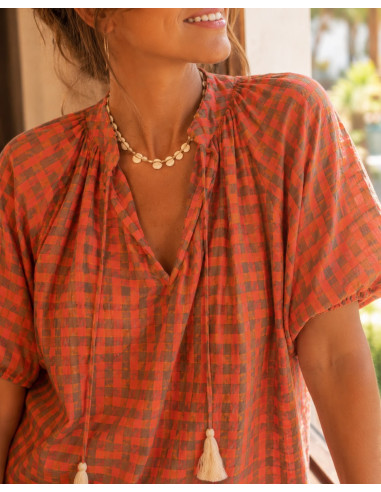 Blusa de Cuadros Vichy Naranja Flúor y Verde Kaki