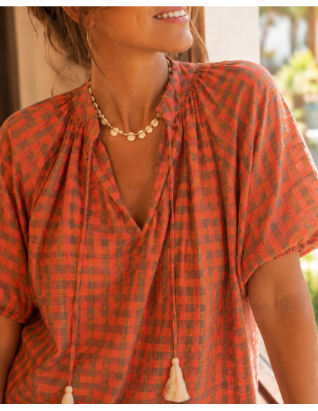 Blusa de Cuadros Vichy Naranja Flúor y Verde Kaki