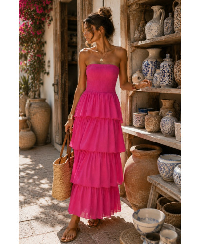 Vestido Largo rosa con Nido de Abeja y Volantes