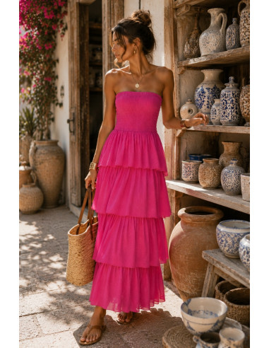 Vestido Largo rosa con Nido de Abeja y Volantes