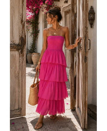 Vestido Largo rosa con Nido de Abeja y Volantes 2