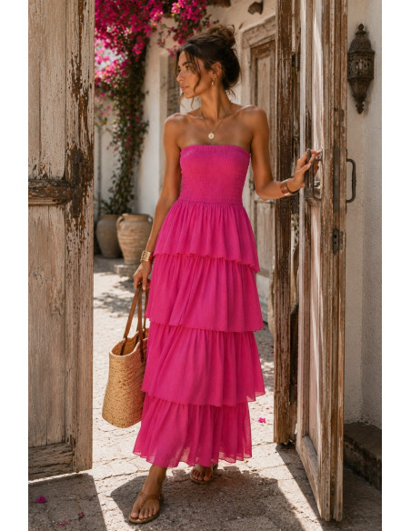 Vestido Largo rosa con Nido de Abeja y Volantes