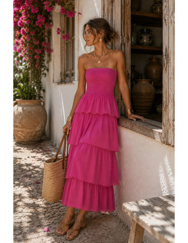Vestido Largo rosa con Nido de Abeja y Volantes