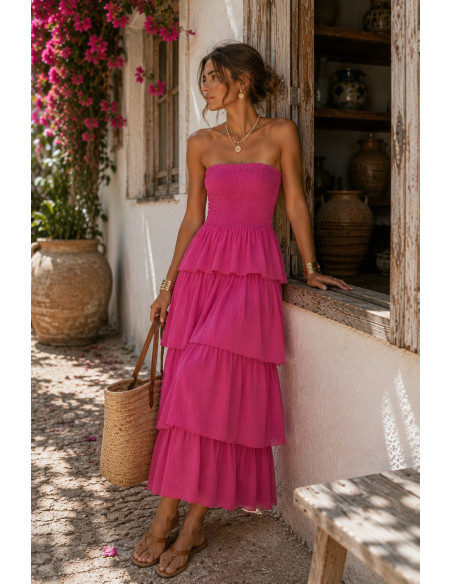 Vestido Largo rosa con Nido de Abeja y Volantes